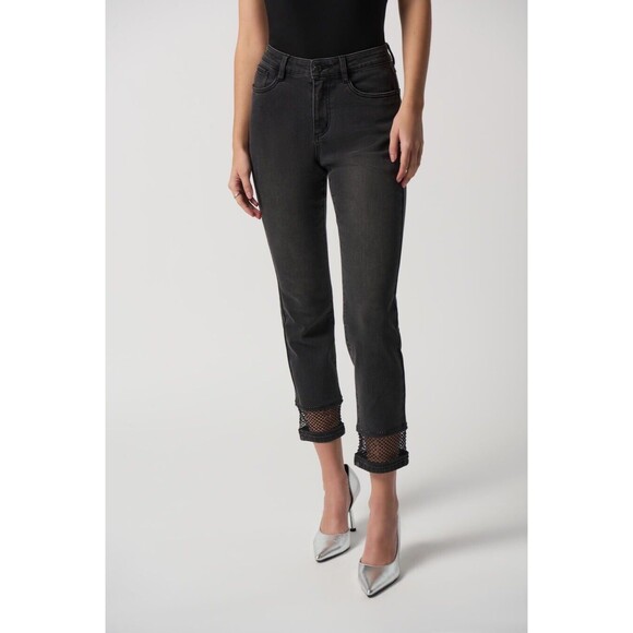 Joseph Ribkoff Women 22 Charcoal Grey Embellished FishNet Cuff Classic Slim Jean - Picture 2 of 15